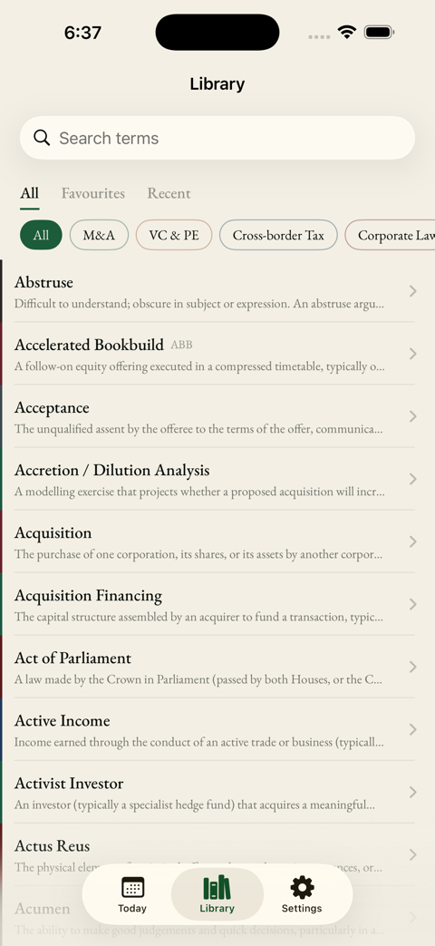 Argot's Library on iOS: a searchable list of terms filtered by track.