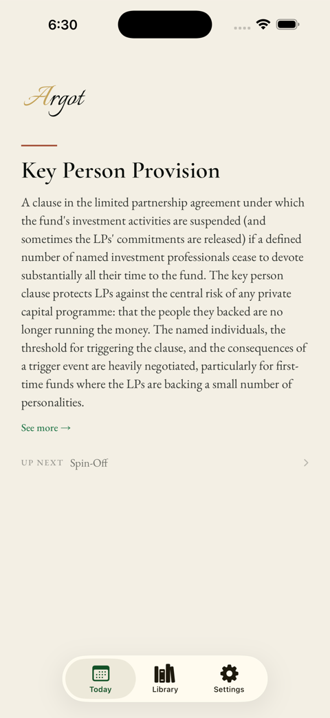 Argot's Today screen on iOS showing the full entry for Key Person Provision.