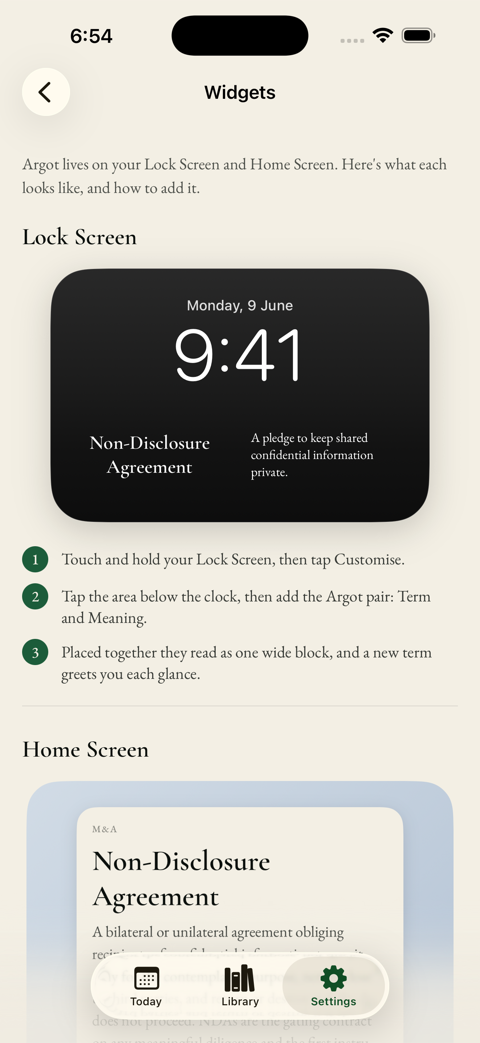 Argot's Lock Screen widget on iOS: the term Non-Disclosure Agreement beside its plain-English meaning, under the clock, with the Home Screen widget below.
